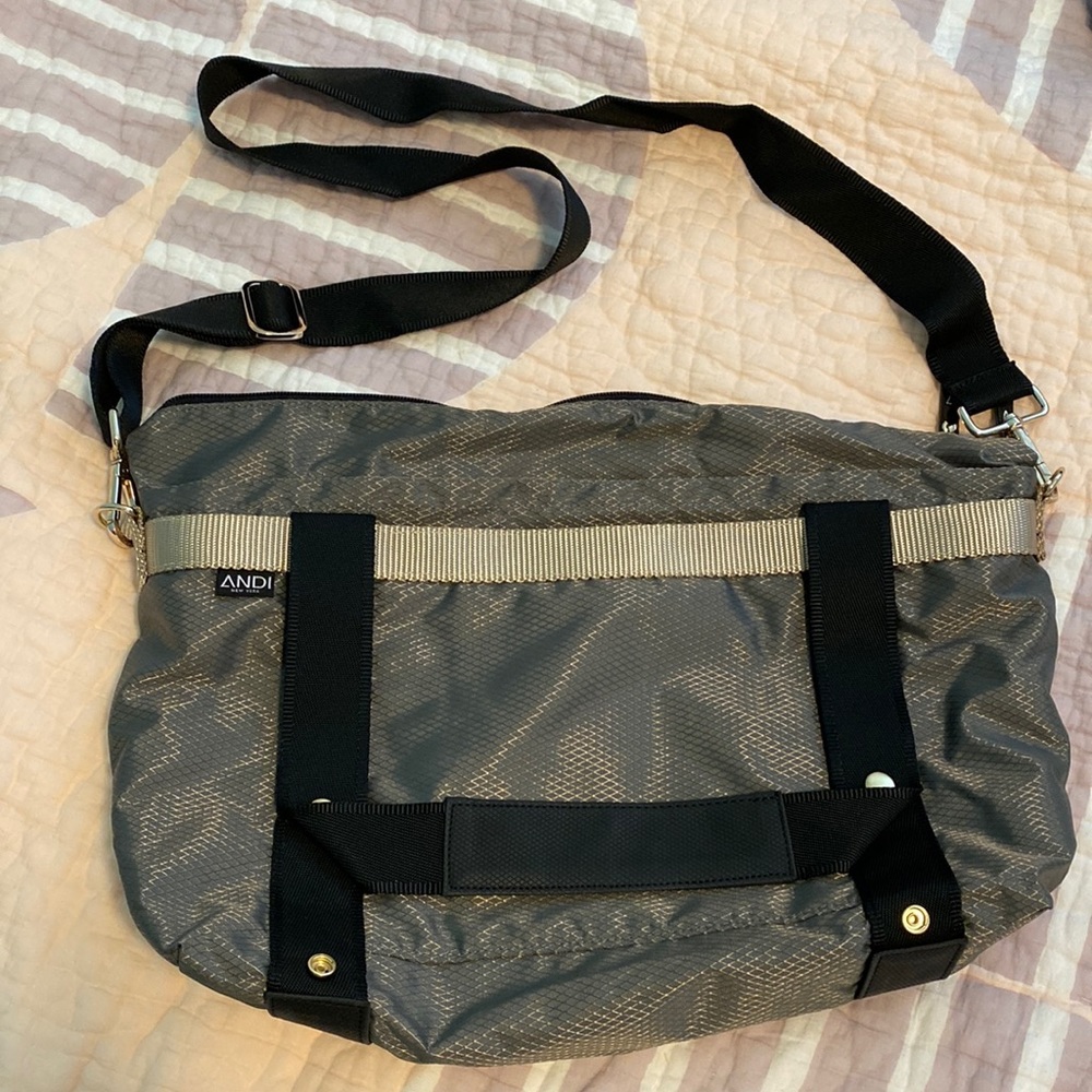 ANDI Gray Convertible Bag with Black Strap and Tan Webbing